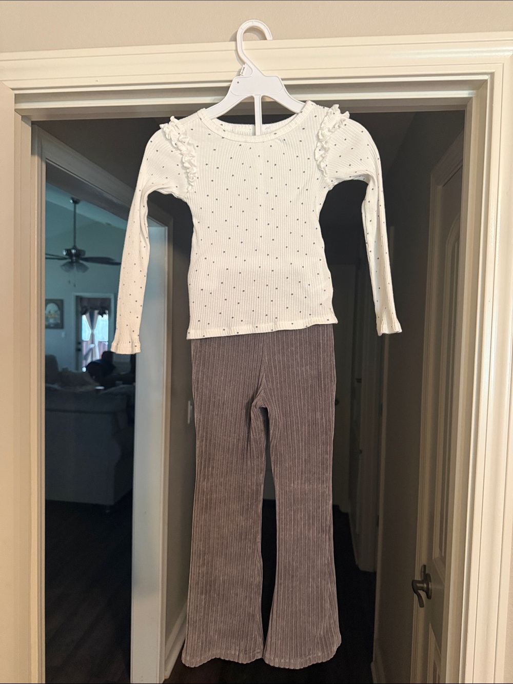 Girls White w/ Grey small polka dot Ruffle Long-Sleeve Top with Corduroy flares
